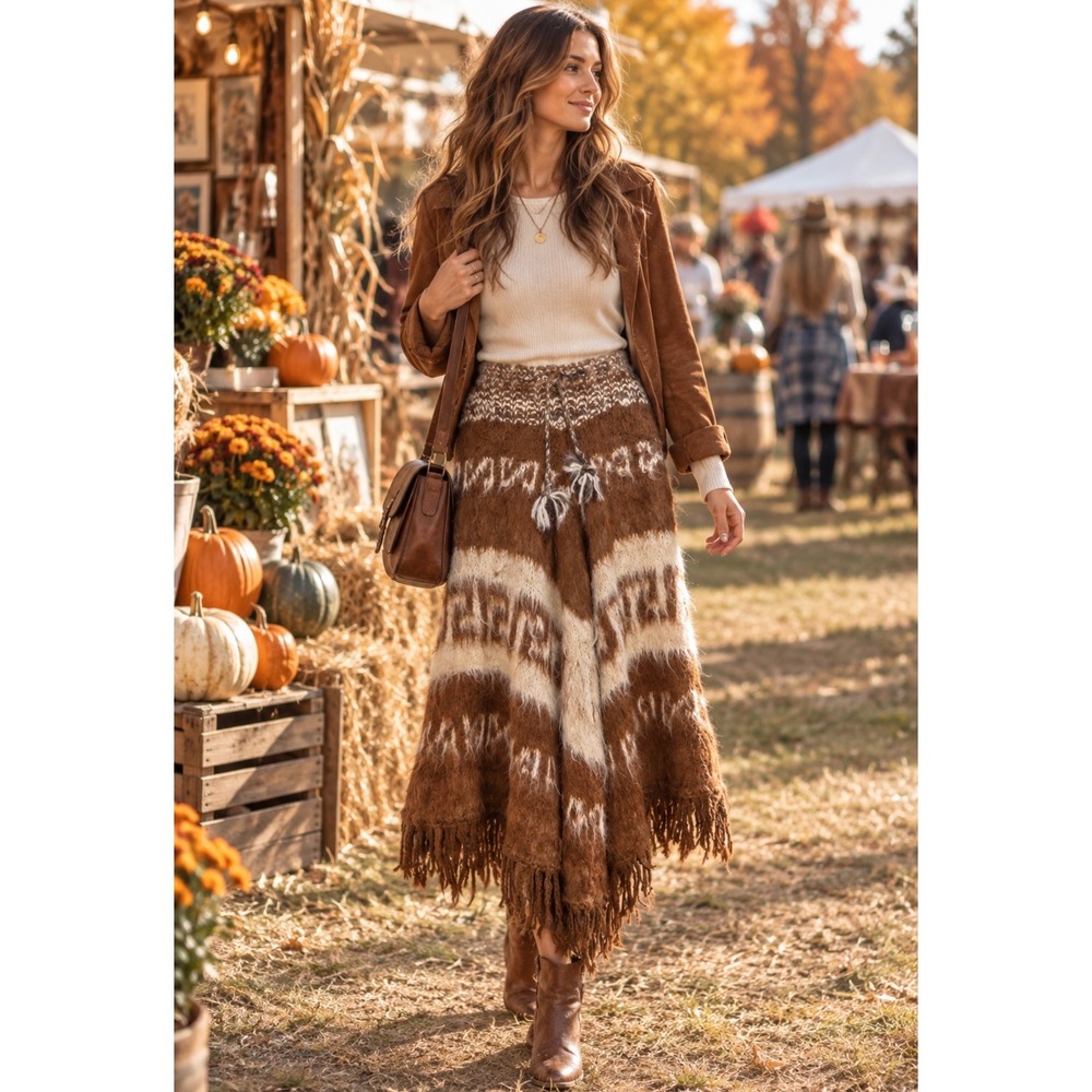 Casa Hispanica 100% Alpaca Wool Fall Festival Skirt Sz Sm Boho Fringe Bolivian